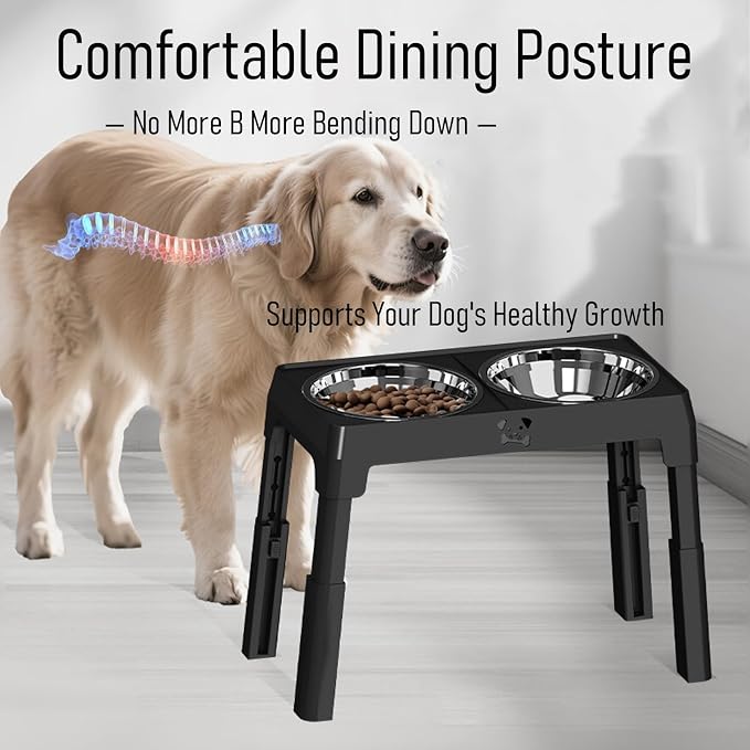 Elevated Dog Bowls Large Breed Raised Dogs Bowl Stand Large/Medium Sized Dog Stainless Steel Food Water Bowl Stands 5 Heights Adjustable 9/11/12/14in Black Pet Feeder Dish Station