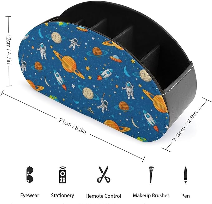 Pu Leather Remote Control Holder Space Astronaut Planets 5 Slot Caddy Box | Space Cute Astronaut Planets Blue Office Desktop Storage Organizer for Controller, Media Player, Stationery Supplies