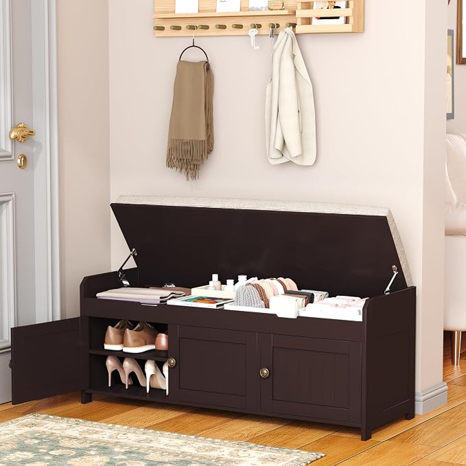 HOMEFORT 41.3" Shoe Bench with Lift Top Storage, Entryway Bench with Cushioned Seat, Wooden End of Bed Bench, Shoe Cabinet Bench with Hidden Storage Space, for Bedroom, Hallway,Espresso