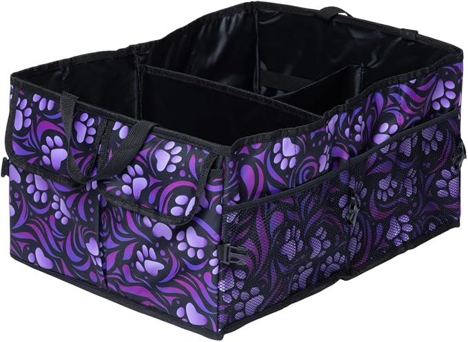 GreaterGood Collapsible Paw Print Car Trunk Organizer with 6 Pockets Truck SUV and Sedan Caddy With Compartment Vehicle Storage Container (Paw Symphony)