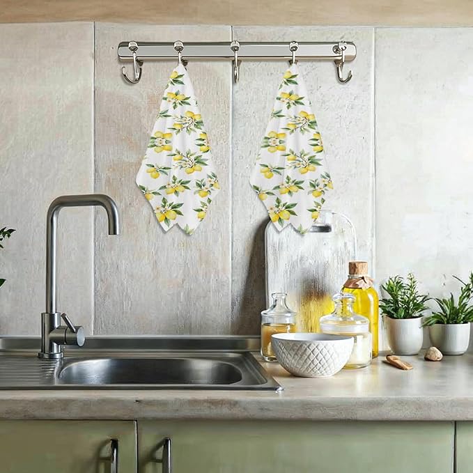 2 Pcs Rustic Lemon Kitchen Towels, Summer Flower Decorative Absorbent Microfiber Dish Cloth Tea Towel, Waffle Soft Hand Towels for Farmhouse Home Bathroom Kitchen Decor, Lemon Gifts