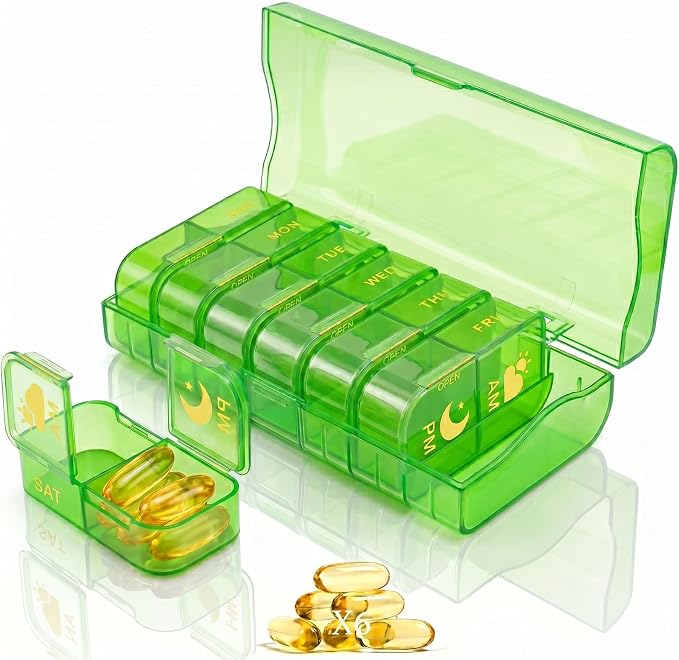 Travel Weekly Pill Organizer 2 Times a Day, 7 Day AM/PM Pill Box, Portable Medication Dispenser with Child-Resistant Latch, BPA-Free, Travel, Office, Pets, Emergency Use (Neon Green)