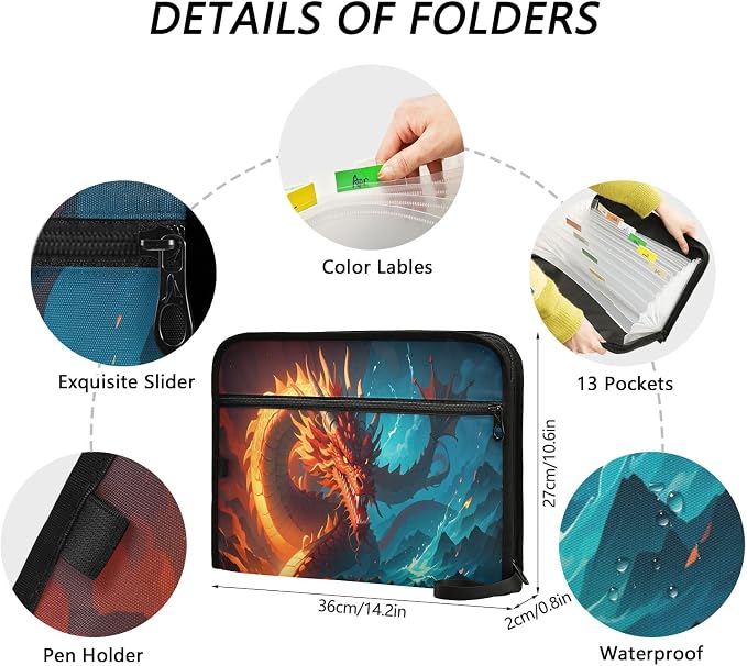 Dragon Water and Fire Anime 13 Pocket File Organizer Expanding File Folder with Front Pouch Portable Business File Storage Document Organizer Folder with Zipper