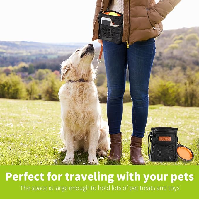 Dog Treat Training Pouch with Built-in Poop Bag Dispenser, Black | Easily Carries Pet Toys, Kibble, Treats, 3 Ways to Wear, Foldable Silicone Bowl, Quick One-Hand Access for Dog Walks & Hiking