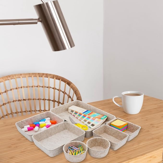 Welaxy 7pc Scandinavian Felt Desk Drawer Organizer Oatmeal Catchall Tray