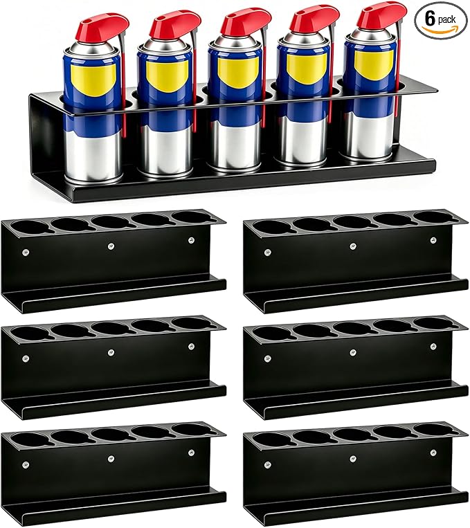 6 Pack Wall-Mounted Spray Bottle Holder, Heavy-Duty Steel Black Aerosol Can Storage Rack with 30 Holes, Spray Paint Can Organizer for Garage, Shop, Home, Tool Trailer & Service Truck
