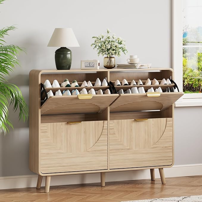 Shoe Storage Cabinet with 4 Flip Drawers for Entryway, 47.4" Freestanding Hidden Shoe Rack Cabinet, Narrow Shoe Organizer for Hallway, Foyer, Oak