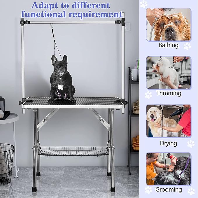 Pet Dog Grooming Table, Foldable Stainless Steel Pet Drying Grooming Table Up to 330lbs, Professional Bathing Desk for Dogs at Home with Adjustable Overhead Arms, Noose, Mesh Tray, 36''/Black