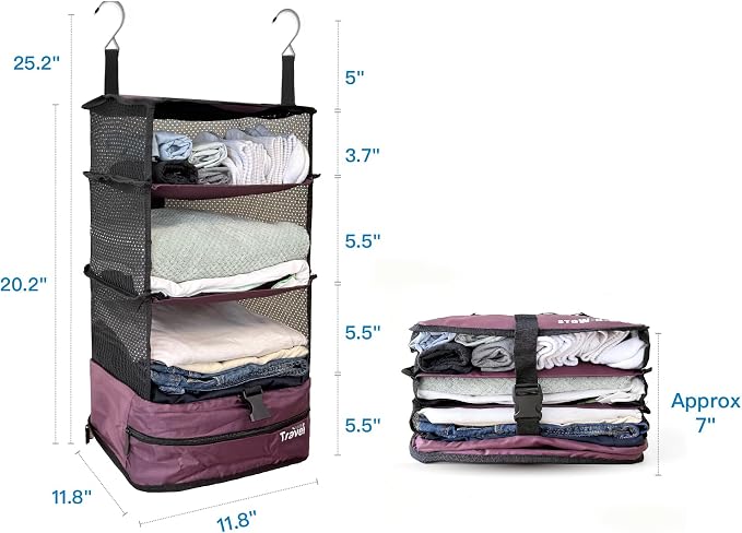 Stow-N-Go Hanging Travel Shelves, Packing Organizer for Luggage. Carry on Closet for Suitcase. Expandable Packing Cube. Travel Essentials. (Burgundy - L, L = (L) 11.8" x (W) 11.8")