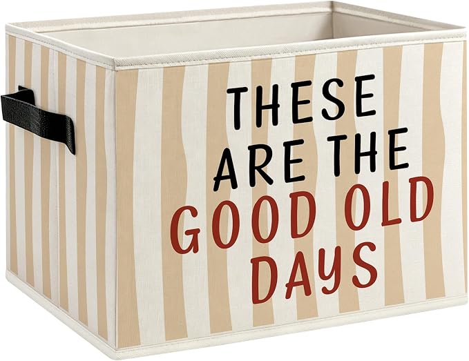 Inspirational Foldable Storage Bins Box with Handles, Motivational These Are the Good Old Days Neutral Striped Decorative Storage Boxes Baskets Toybox Organizer for Bedroom Bathroom