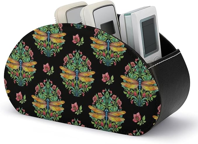 Remote Control Holder Caddy Dragonfly Animal Lover Desk Storage Organizer | Dragonfly Animal Lover, PU Leather, 5 Compartments, Fits TV Remotes, Media Player, Office Supplies