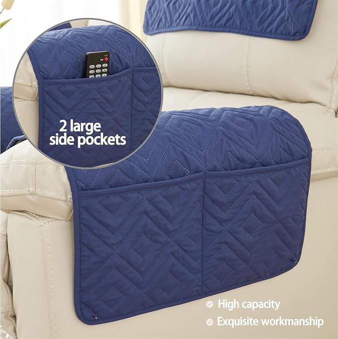 Armrest Covers Armchair Slipcover, Couch Arm Covers Recliner Covers with Storage Pockets Armrest Protector for Chair Sofa(Blue,3 Seat | 5 Piece Set)