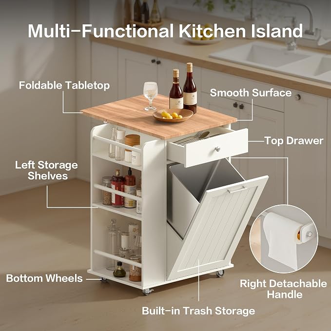 Kitchen Island with Trash Can Storage & Drop Leaf, Portable Kitchen Island on Wheels, Rolling Island Table for Kithchen