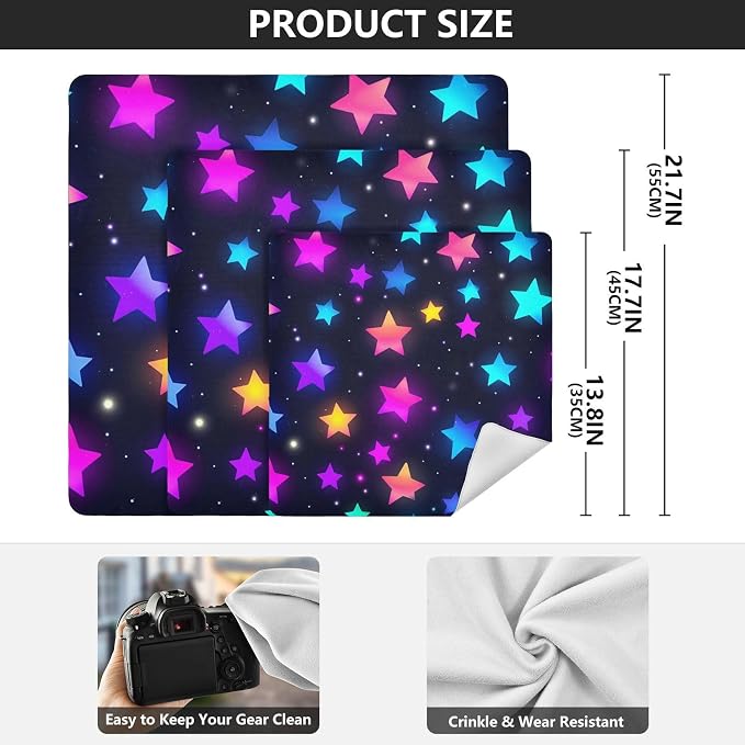 JIPONI Neon Stars Makeup Bag, Self-Adhesive Magic Wrap Cloth, Portable Cosmetic Organizer, Camera Lens Protector, Travel Storage for Beauty Essentials, 13.8"x13.8"
