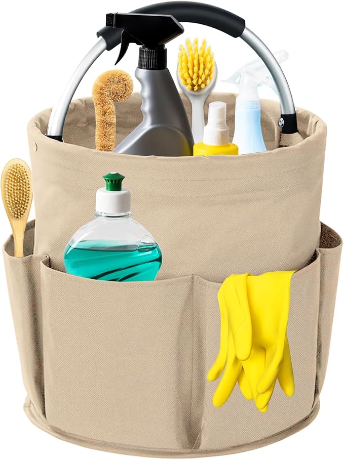 Cleaning Caddy with Handle, 17L Foldable Cleaning Supplies Organizer, Portable Storage Basket, Cleaning Supply Caddy, Multifunctional Cleaning Bucket Bag for Garden, Home, Kitchen (Khaki)