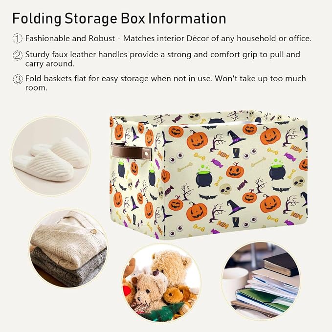 Kigai Storage Basket, Fabric Collapsible Closet Organizer Bin | Halloween Pumpkin Waterproof Foldable Canvas Basket with Handles for Shelves, Nursery, Closet, Bedroom & Bathroom