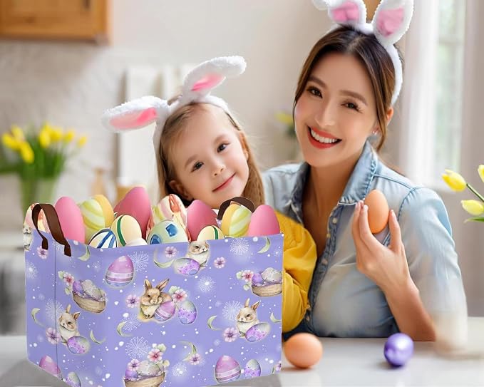 Large Rectangular Easter Baskets Empty Waterproof Boy Toy Box Foldable Kid's Gifts Storage Bin Spring Room Decor(Purple Fireworks Rabbit Egg)
