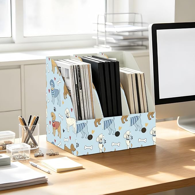 Emelivor Pets Blue Dogs Print Magazine Holder Set of 3 Desk File Organizer Foldable Vertical Folder Holder with Labels for Office Organization Book Bins for Library Classroom Home