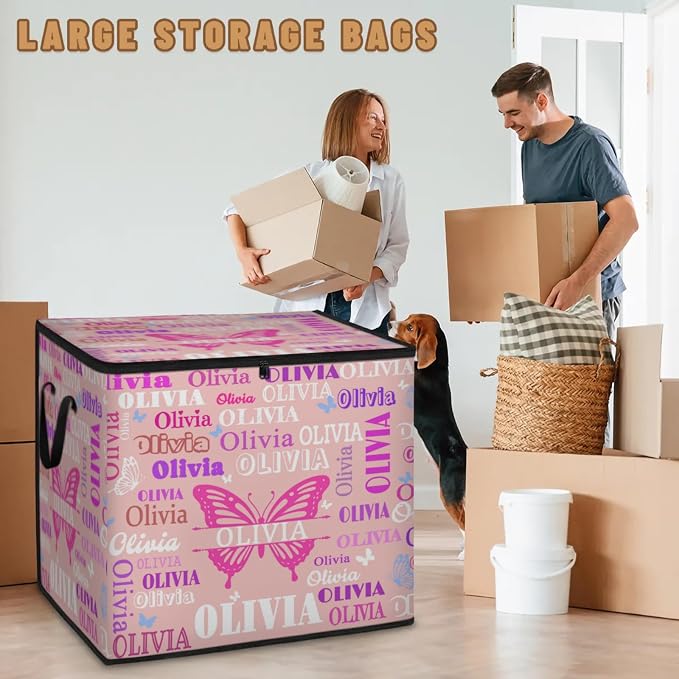 Custom Storage Baskets Cubes for Home with Name, Pale Pink Background Butterflies Large Foldable Organizer Collapsible Storage Bins for Home Blanket Comforters Clothes Closet Nursery
