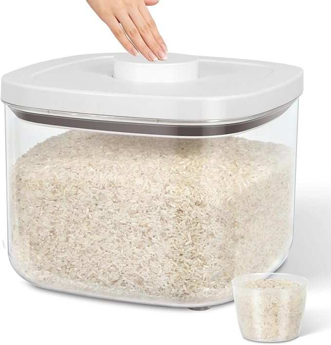 TBMax Large Airtight Food Container 5.28 Qt with Pop Up Lid & Measuring Cup, Ideal for 10 Lbs of Rice or 7 Lbs of Flour, Square Short Food Storage Bin for Kitchen Pantry and Drawer Organization