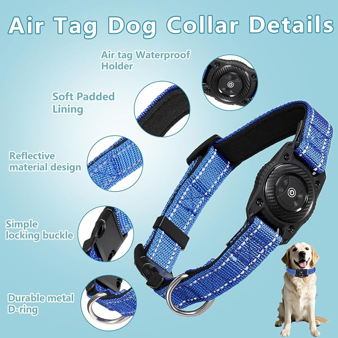 1Pc Air Tags Dog Collar Tracker, Waterproof Pet Collar Location Tracker with Air-Tag Chip for Apple Find My (iOS only) (Blue, S)