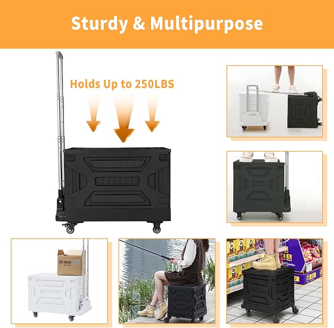 VECELO 88LHeavy-Duty 2-in-1 Foldable Utility Cart, Large Capacity Rolling Crate, Thickened Material with Silent Swivel Wheels, Dual Modes (Basket/Flatbed) for Grocery, Laundry, Camping, Black