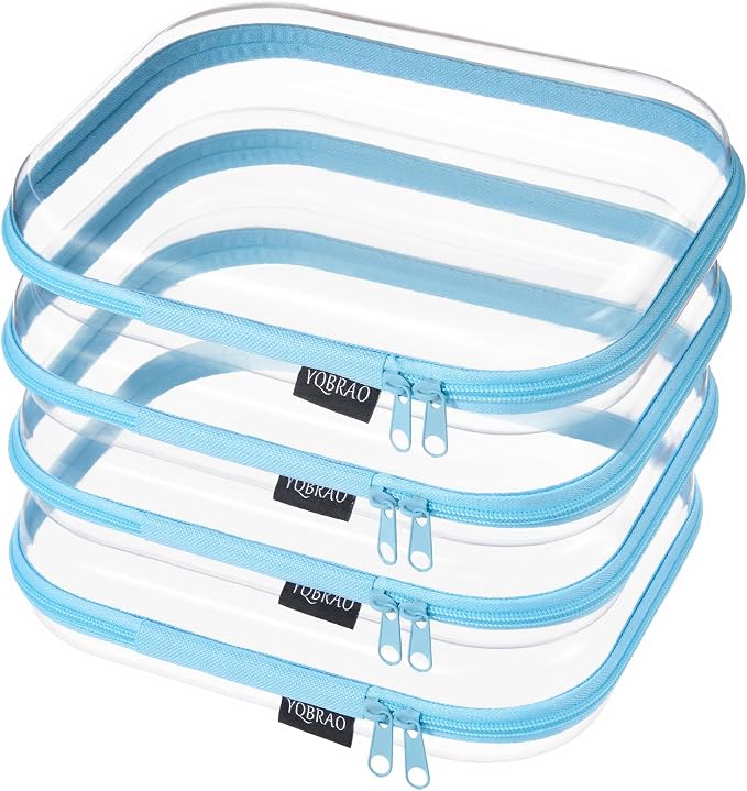 YQBRAO Clear Hard Shell Zipper Cases, 4 Medium Makeup Organizers, Blue | Rigid 1.2 mm PET and YKK dual zippers for skincare, toiletries, chargers, notebooks and daily essentials