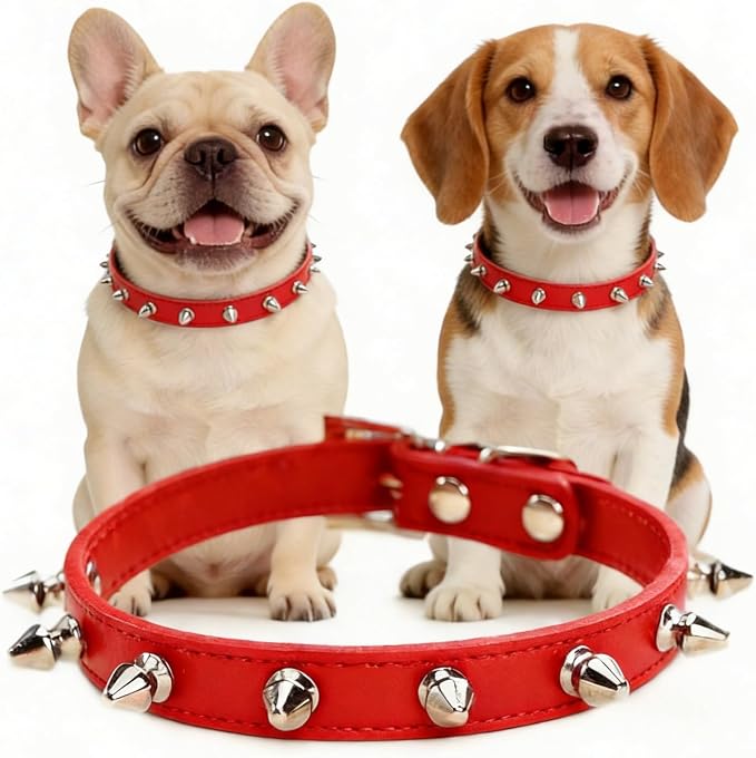 Enjoying Spiky Dog Collar, Spiked Dog Collar for Medium Dogs, Anti-Bite Studded Protective Pet Neck, Faux Leather Spiky Collar with Metal Rings for Hold Pet Tags/Leash, Adjustable, Red, M