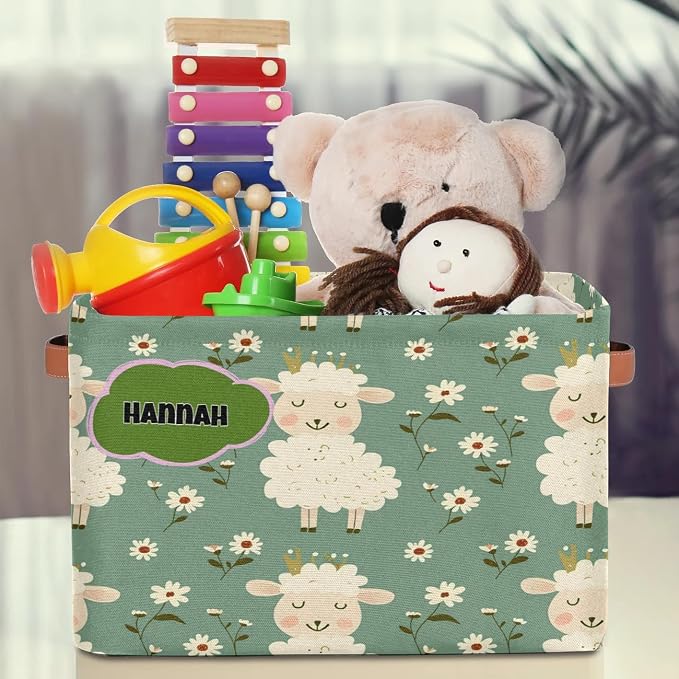 Personalized Kids Toy Box Name, Custom Nursery Baskets Cubes Box, Kids Custom Storage Basket Laundry Baskets Organizer with Handles, Cute Sheep with Daisy Floral