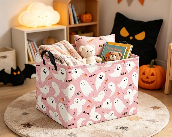 Rectangular Halloween Basket for Boys and Girls Kids Trick or Treat Pumpkin Basket for Halloween Parties Cute Storage Bin Organizer Box Room Decor(Pink Halloween)