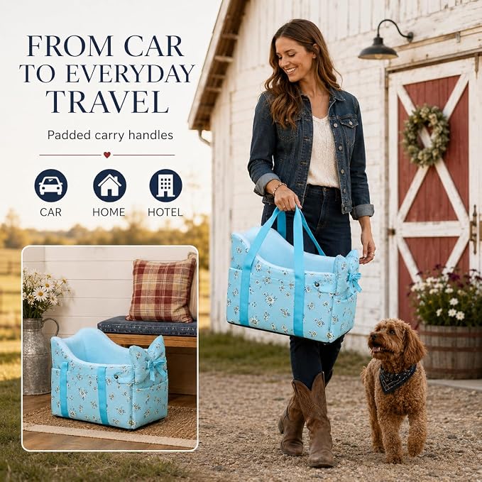 Console Dog Car Seat Up to 11lbs (Blue Daisy) | Portable Dogs Armrest Booster Seat for Small Dog, Anti-Collapse Pet Car Seat with Soft Cushion Safety Belt