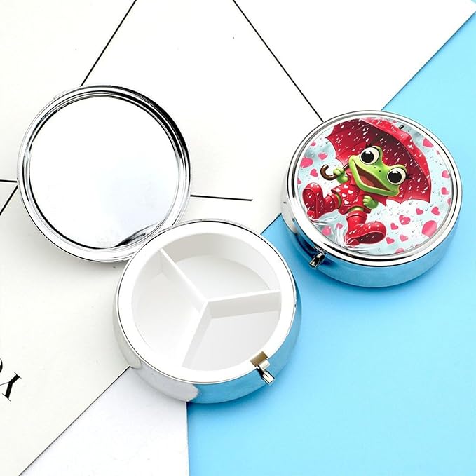 Frog Playing In The Rain Metal Round Pill Box, 3 Compartment Travel Organizer, Portable Pill Container with Secure Latch, 2 Inch Circular Vitamin Caddy for Pills And Vitamins, Gift for Him Her Elderly