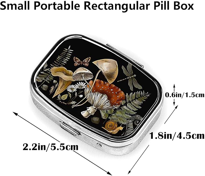 ABLESKY Pill Box, 2 Compartment Pill Organizer Case for Pocket or Purse, Small Portable Metal Travel Medicine Box with Mirror, Daily Vitamins Fish Oil Container-Retro Mushrooms