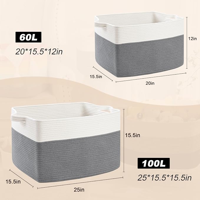 Large Blanket Basket, 60L Storage Baskets for Organizing, Woven Laundry Basket for Blankets, Cotton rope Blanket Storage for Living Room, Nursery Room, 19.7" L x 15.74" W x 11.8" H, Gray