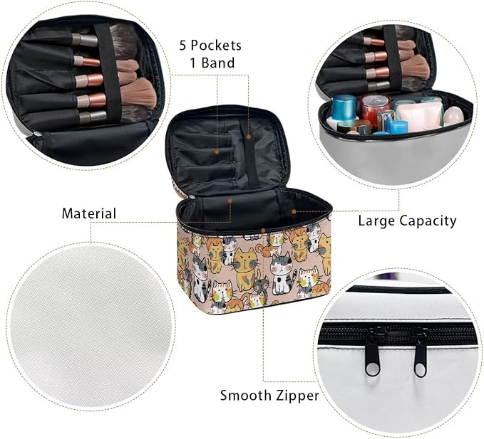Kawaii Cat Makeup Bag Cosmetic Travel Pouch for Women Large Make Up Bags Portable Cosmetic Storage Bag with Handle Multi-functional Toiletry Bag