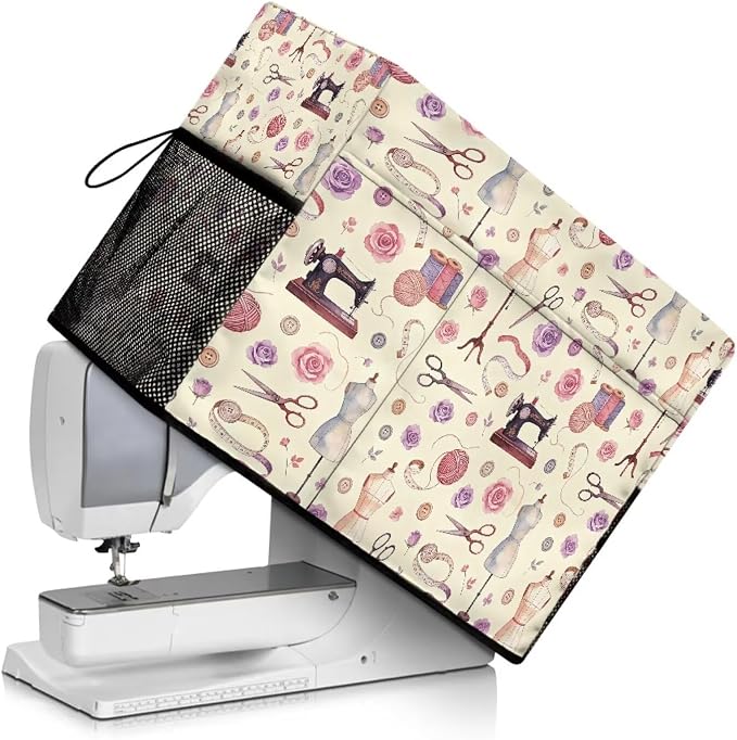 Sewing Machine Cover,Sewing Theme Design Duty Protective Dust Cover with Storage Pockets for Most Standard Singer & Brother Sewing Machines and Accessories