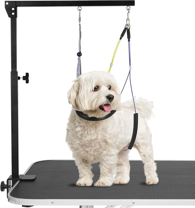 Adjustable Dog Grooming Arms for Small Medium Dogs | Anti-Slip Powerful Metal Clamp, Portable for Table, 1 Loop Noose, Two No Sit Haunch Holder, Grooming Restraint for Home