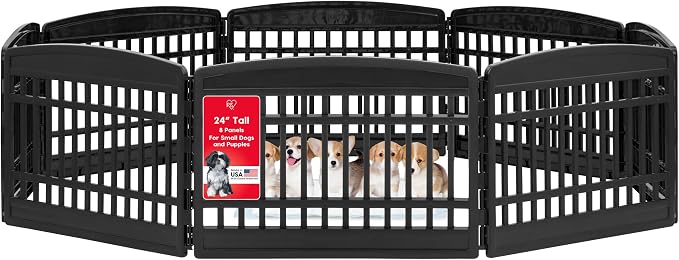 IRIS USA 8-Panel Dog Playpen, Pet Enclosure, Black | Pet Containment, Custom Pen Configuration, Multi-Shape Setup, Flexible Boundary, Tool-Free Assembly, Secure Door Latch