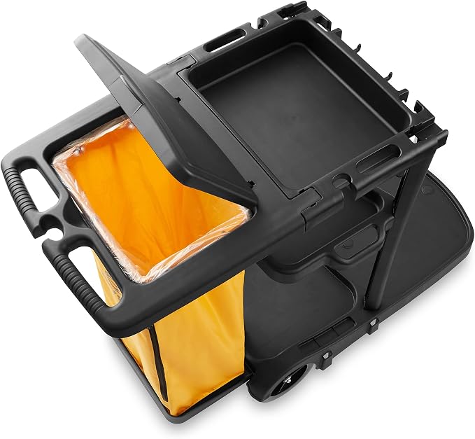Commercial Janitorial Cleaning Cart on Wheels with Cover, Shelves and Vinyl Bag & Commercial Mop Bucket with Side Press Wringer, 26 Qt. Yellow