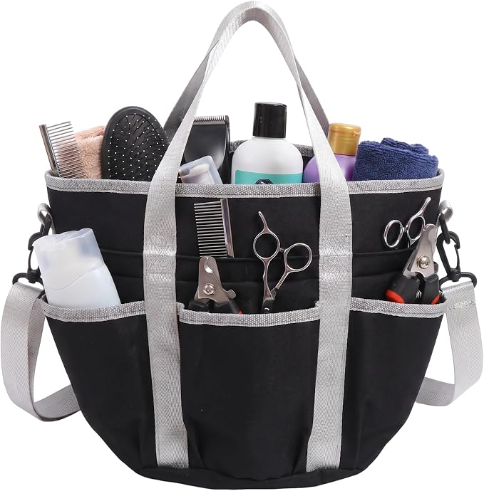 Horse Grooming Tote Bag with 6 Pockets & Drawstring Closure, Portable Grooming Bag for Horses, Waterproof Tack Bag with Shoulder Strap for Horse Grooming Supplies, Equestrian Grooming Kit Organizer