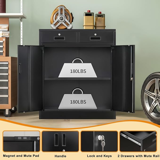 Wanfu Metal Storage Cabinet, 36" H Locking Storage Cabinet with 2 Drawers and Adjustable Shelf, Metal Cabinets for Office, Garage, Home-Black