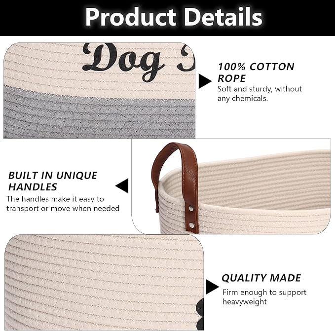 X-Large Cotton Rope Dog Basket with Leather handle Blanket Storage Basket Decorative Clothes Hamper Basket | Extra Large Baskets for Blankets or Laundry-Beige/Gray