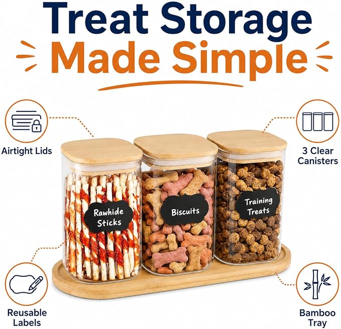 Dog Treat Container, Large Dog Treats Container, Farmhouse Wood Pet Treats Storage Organizer for Dog Food Storage Container, with 3 Glass Jars, Cat Dog Biscuit Dispenser, Great Gift for Pet Dog Owners