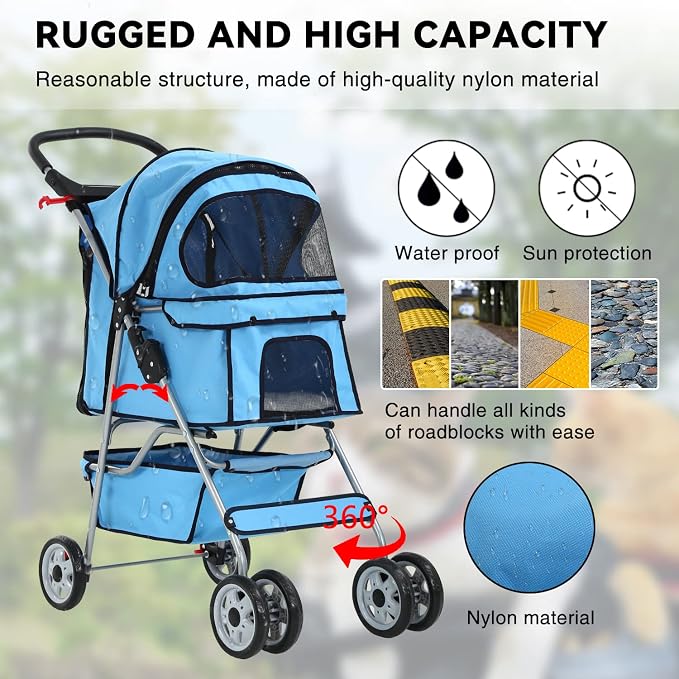 4 Wheels Cat Stroller, Pet Cat Jogger Stroller, Folding Carrier Waterpro with Cup Holder & Removable Liner, Dog Strollers for Small Dogs, for Small and Medium Pet Supplies (Blue)