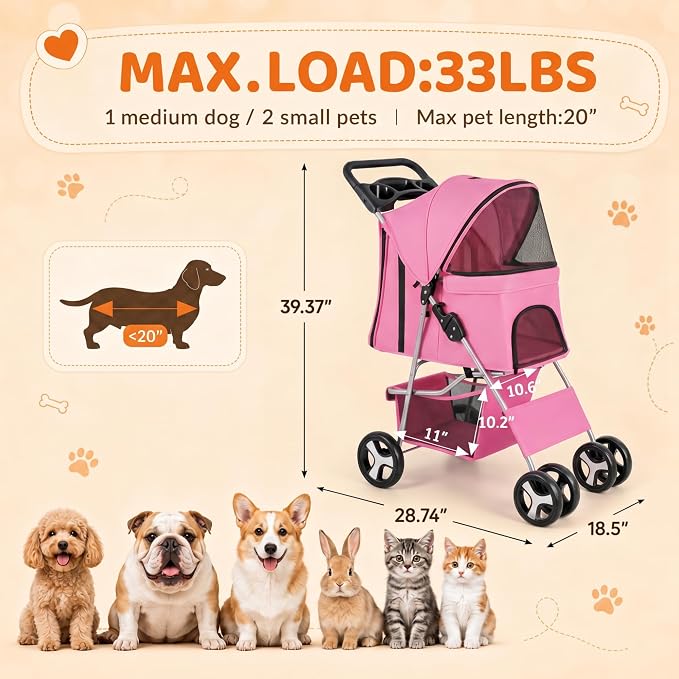 ZENY Foldable Pet Stroller, Cat/Dog Stroller with 4 Wheels | Pet Travel Carrier Strolling Cart with Storage Basket, Cup Holder (Pink)