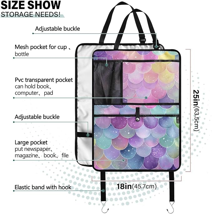 2 Pack Back Seat Car Organizer with Storage Pockets Kick Mats Back Seat Protector Hanging Car Organizer Automotive Seat Back Cover Organizers Watercolor Mermaid Scales Colors
