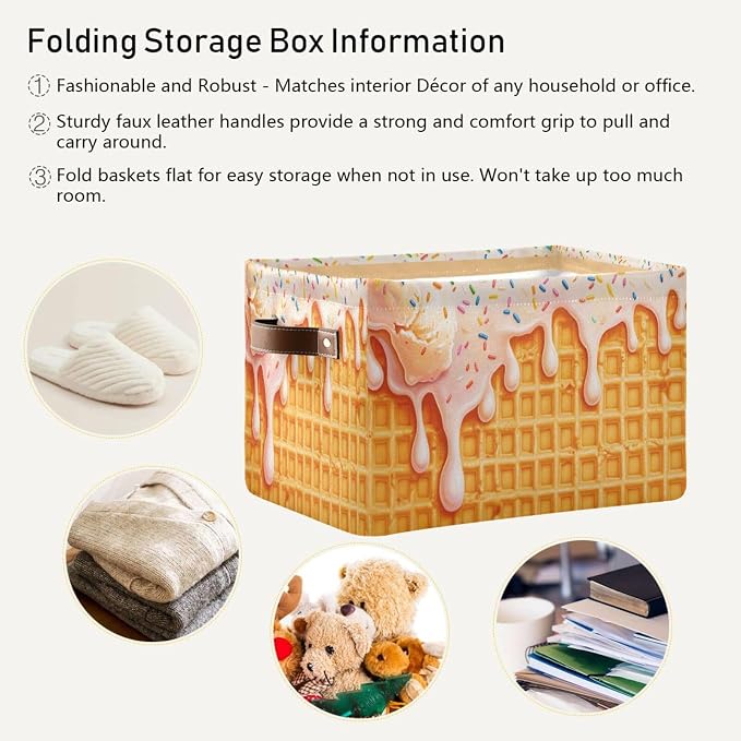 Icecream Waffle Yellow Rectangular Storage Bin Basket with Handles - Nursery Storage Laundry Hamper Storage Baskets