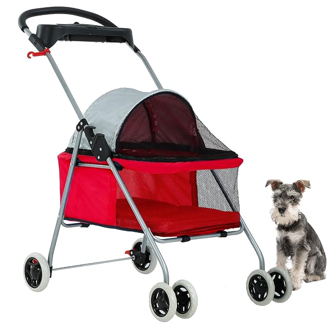 HGS Pet Cat Dog Stroller 4 Wheels Jogger Puppy Travel Carrier Portable Doggie Cage Strolling Cart with Cup Holders, 35Lbs Capacity Folding Waterproof Strolling Cart for Medium Dogs Cats Pet, Red