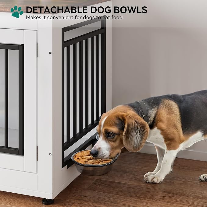 YITAHOME 28" Dog Crate Furniture, Wooden Side End Table with Adjustable Feet and Removable Bowls, Dog Kennel Indoor for Small Dogs | Wooden Side End Table, Dog Kennel Indoor for Small Dogs