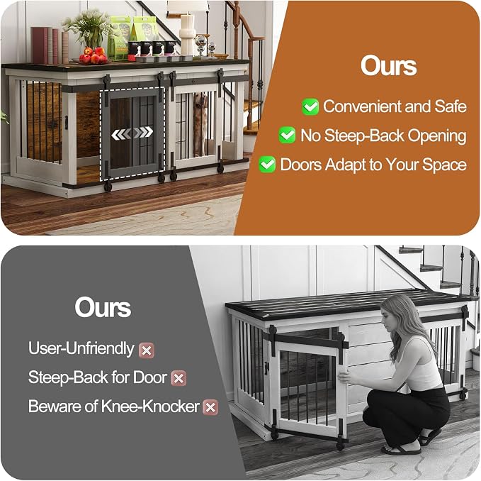 62" Farmhouse Dog Crate Furniture for 2 Large Dogs, Distressed White | Solid Wood Crate Furniture, Removable Divider, Dual Sliding Barn Doors, 2 Locks, Spacious Design, Heavy-duty TV Stand.